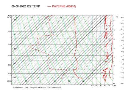 Sounding from 9th August with a range of data on tropospheric processes in graph form.