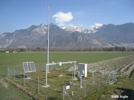 Die Messfeld-Station befindet sich auf einer Wiese; ein Zaun umgibt die Anlage. 