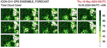11 identical sections of a map with colour-coded depictions of the cloud cover over Switzerland.