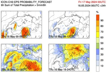 Four identical map sections with colour-coded areas indicating the probability of more than 1 mm of precipitation falling within 6 hours at a specific location for different time periods.