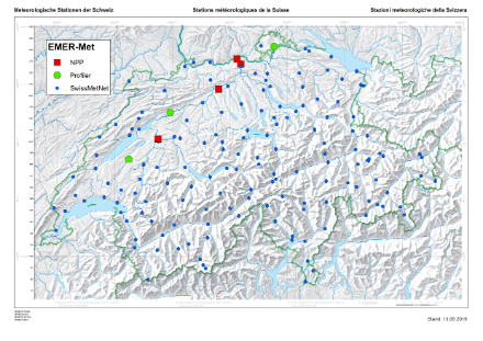 Map of Switzerland with the EMER-Met measuring stations in the Mittelland region.
