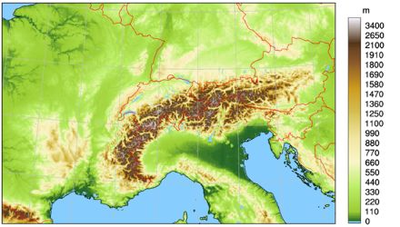Map of the Alpine region for which ICON-CH1-EPS and ICON-CH2-EPS forecasts are produced.