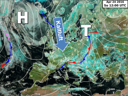 Satellite image of a typical April weather situation with cold air from the North.