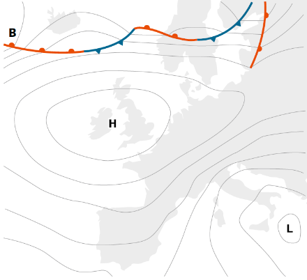 Simplified weather map of Europe showing isobars (lines of equal air pressure) and fronts.