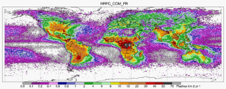 World map with colour-coded information on the frequency of lightning strikes.