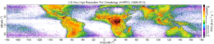 World map with colour-coded information on the frequency of lightning strikes.