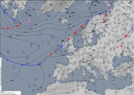 Map of Europe showing high and low pressure areas, as well as the progression of isobars and warm and cold fronts.