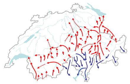 Map showing the typical valleys of Switzerland with southerly and northerly foehn.