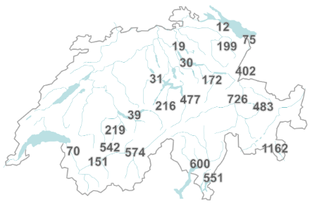 Swiss map showing the average annual foehn hours at measurement sites with a foehn index.