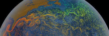 Image of an animation of the ocean currents in the North Atlantic, with many small eddies. In orange, east of Florida, the Gulf Stream, which initially splits very straightforwardly into small eddies and later mixes with colder eddies from the north.