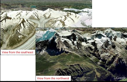 The Jungfrau region: top, view from the southeast of the windward area during Guggifoehn; bottom, view from the northwest of the leeward area.