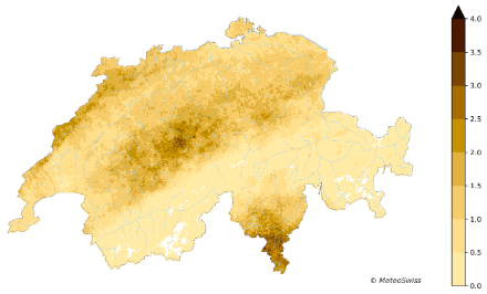 The map shows the average number of days with hail in Switzerland in different shades of brown. Hailstorms are most frequent in southern Ticino, along the foothills of the Alps and especially in the Napf region and the Jura.