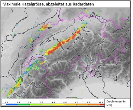  	Map of Switzerland with colour-coded data on hail. A narrow band is moving from the south-west to the south-east.