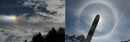 Two images of halos; sunlight refracts off cirrus clouds.