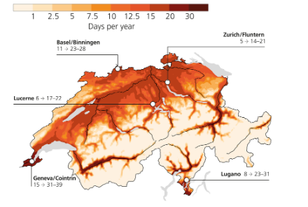 Map of Switzerland with colour-coded data on the number of hot days around the year 2060.