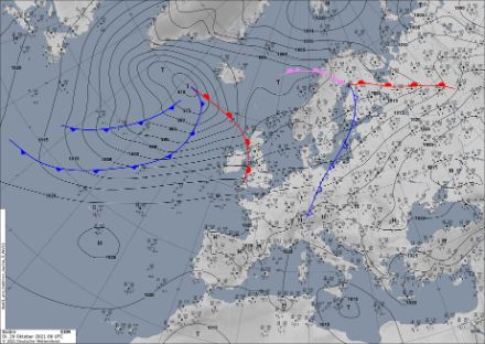 Map of Europe showing areas of high and low pressure, as well as the progression of isobars and warm and cold fronts.