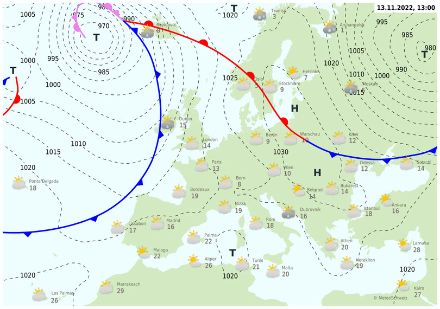 Surface weather map showing isobars (dashed lines) and fronts (blue for a cold front, red for a warm front, and purple for an occluded front) for 14 November 2022 at 1pm local time.