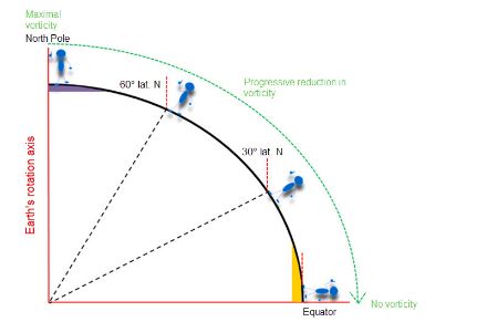Illustration showing the decrease in vorticity from the pole to the equator.