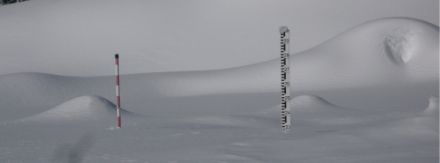 Photo of a snow measurement pole showing total snow depth on San Bernadino.