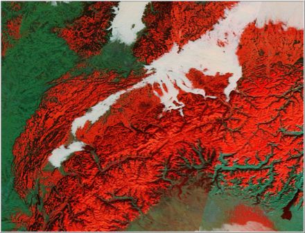 Satellite image with fog over the Swiss plateau.