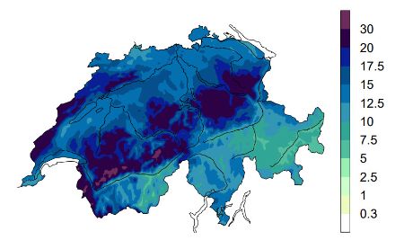 Map of precipitation totals for the active westerly inflow.