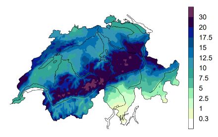 Map of precipitation totals for the active north-westerly flow.