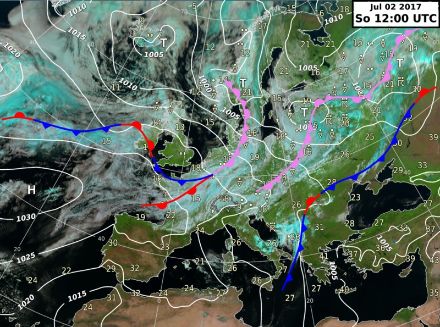  	Satellite image and isobar map showing an extended area of low pressure over northern Europe and a northwesterly flow over the Alps.