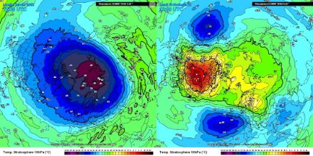 Temperature at 10 hPa (~ 26 km altitude) on 1 January 2018 (left) and on 15 February 2018 (right). The map on the left shows the stable and cold stratospheric polar vortex. The map on the right shows the vortex split into two parts (blue) due to the sudden stratospheric warming (red).