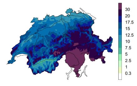 Map of precipitation totals for the active south-westerly inflow.