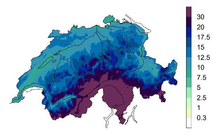 Map of precipitation totals for active southerly flow.