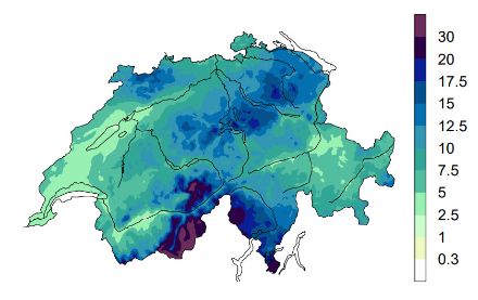 Map of precipitation totals for active south-easterly flow.