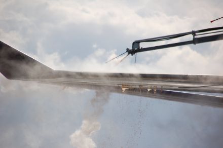 De-icing of a wing at Zurich Airport. 