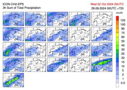21 small Swiss maps with colour-coded information on the expected precipitation amount