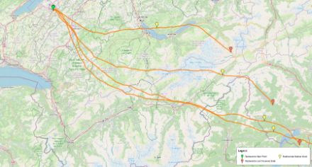 The radiosondy.info portal provides real-time information on the flight path of the weather balloon. The map shows the flight paths (orange curves) of the weather balloons launched from the Payerne station between February 17 and 19, 2025 within 48 hours. The symbols along the flight paths show the starting point (green), the point at which the balloon bursts (yellow) and the point at which the probe transmits the last data to the GTS before landing (orange).