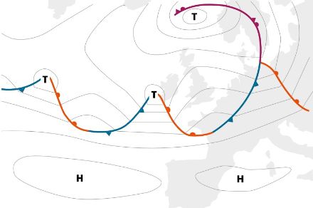 Simplified weather map of Europe showing isobars (lines of equal air pressure) and fronts