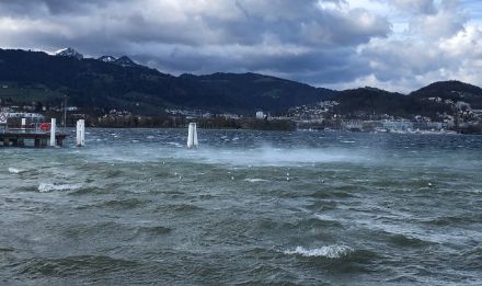 Image of the lake surface being whipped up by the wind, with individual streaks of spray.