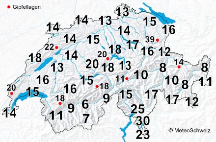 Map of Switzerland with data on thunderstorm frequency. In Ticino, 20 to 30 thunderstorms occur each year on average, whereas in the Valais and Engadine it is less than ten.