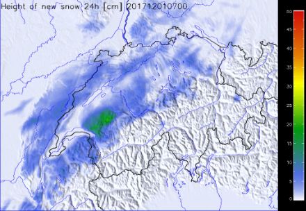 Total fresh snow (in cm) from 30 November, 7 AM, to 1 December 2017, 7 AM.