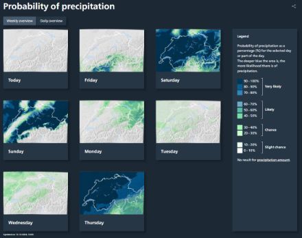  	Small Swiss maps with colour-coded information on the expected probability of precipitation