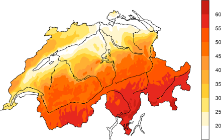 Map of Switzerland with colour-coded information about the hours of sunshine.