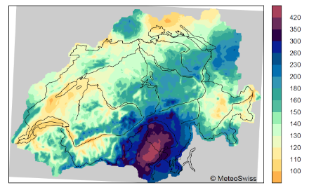 Map of Switzerland with color-coded information on the amount of precipitation that falls during extreme events. In certain areas in Ticino, over 350 mm can fall during a 100-year event. In the west and north of Switzerland, the corresponding precipitation amount is less than 100 mm.
