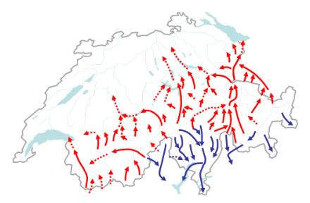 Map of Switzerland showing foehn valleys These stretch from the upper and lower Valais in the west, across the Hasli and Reuss valleys to the Rhine valley in the east.
