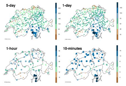 Map of Switzerland with the mean annual maxima. The Ticino experiences the highest values, whereas the inner-alpine valleys experience the lowest values. For durations of one or more days heavy precipitation develops along the northern slope of the Alps. The role of topography seems to be less important for shorter durations.